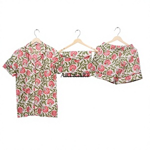 Handmade Cotton Women's Short Sleeve Spring Summer <b>Pajama</b> Set Bridesmaid Collared Floral Pattern Front Elegant Lightweight - Product Image 1