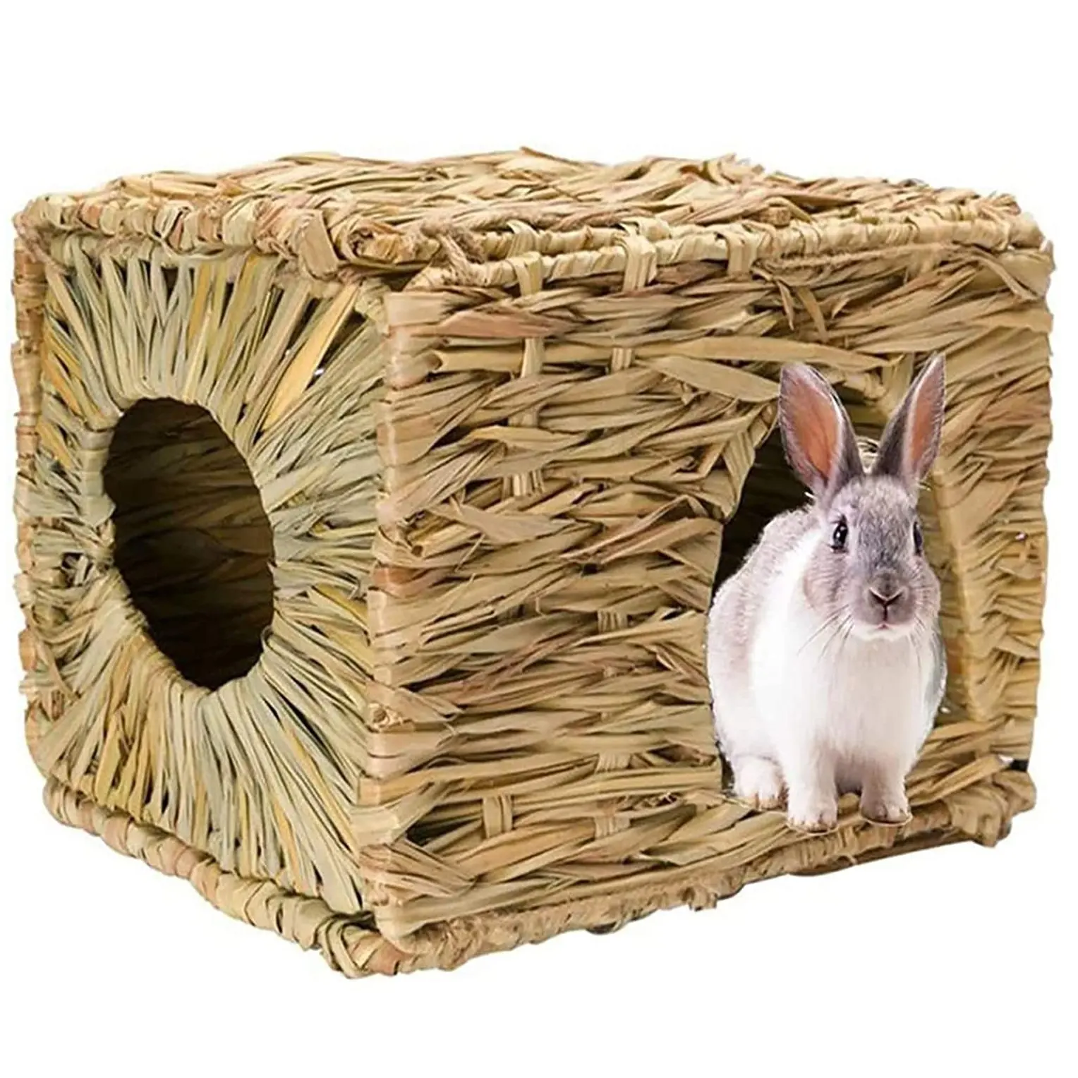 Rabbit Grass House- Natural Hand Woven Seagrass Play Hay Bed, Hideaway Hut Grass Mat for Bunny Hamster Guinea Pig Ferret