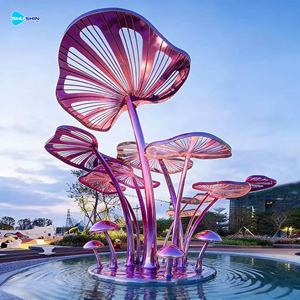 磨かれたカラフルなステンレス製のキノコの木の彫刻セット、屋外商業広場やテーマパークの装飾に - Product Image 3