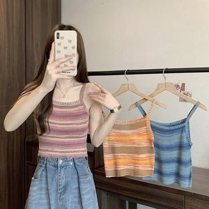 เสื้อสายเดี่ยวถักลายทางสไตล์ Spice Girl สำหรับผู้หญิง ใส่คลุมด้านนอกในฤดูร้อน สไตล์เรียบง่าย โชว์ไหล่ ทรงเข้ารูป สั้น - Product Image 5