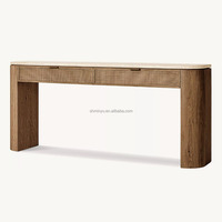 Table console française en bois de chêne massif avec dessus en travertin turc et panneaux de canne tissés pour meubles de villa de maison ou d'hôtel