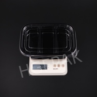 Emballage alimentaire jetable écologique en plastique PET RPET rectangulaire à 3 compartiments de 35 oz, base noire, couvercle transparent, boîte à salade