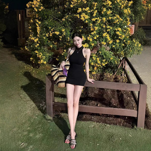 Black Lace Trimmed Halter Neck Dress Natural Waistline Breathable Camping Style Short <b>Skirt</b> - Product Image 3