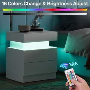 DB Modern White LED Nightstand with <b>2</b> <b>Drawers</b> Flipping Top <b>Storage</b> Bedroom Furniture MDF Bedside Table for Apartment - Product Image 2