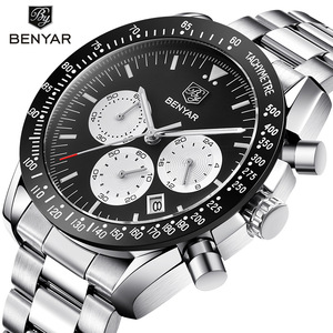 Benyar Men's <b>Chronograph</b> Sports Watch Stainless Steel Strap Calendar 30M Waterproof Multifunctional Alloy Case Folding Clasp - Product Image 1