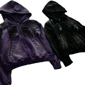 Chất Lượng Cao Đau Khổ Thêu Mặt Trời Faded Zip up Hoodies Tùy Chỉnh Đồ Họa Nặng 500gsm Người Đàn Ông Rhinestone Boxy Rửa Áo - Product Image 5