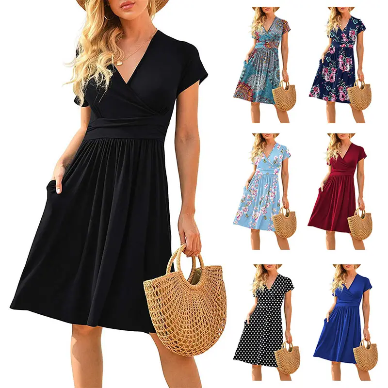 Hot Sale V-Neck Floral Party Dress with Pockets Women's Summer Short Sleeve Casual Dresses