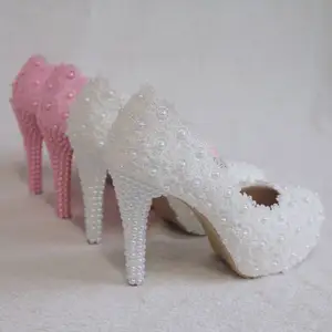 LS124婚纱鞋11CM蕾丝珍珠水晶钻石新娘鞋高跟甜美防水平台女鞋
