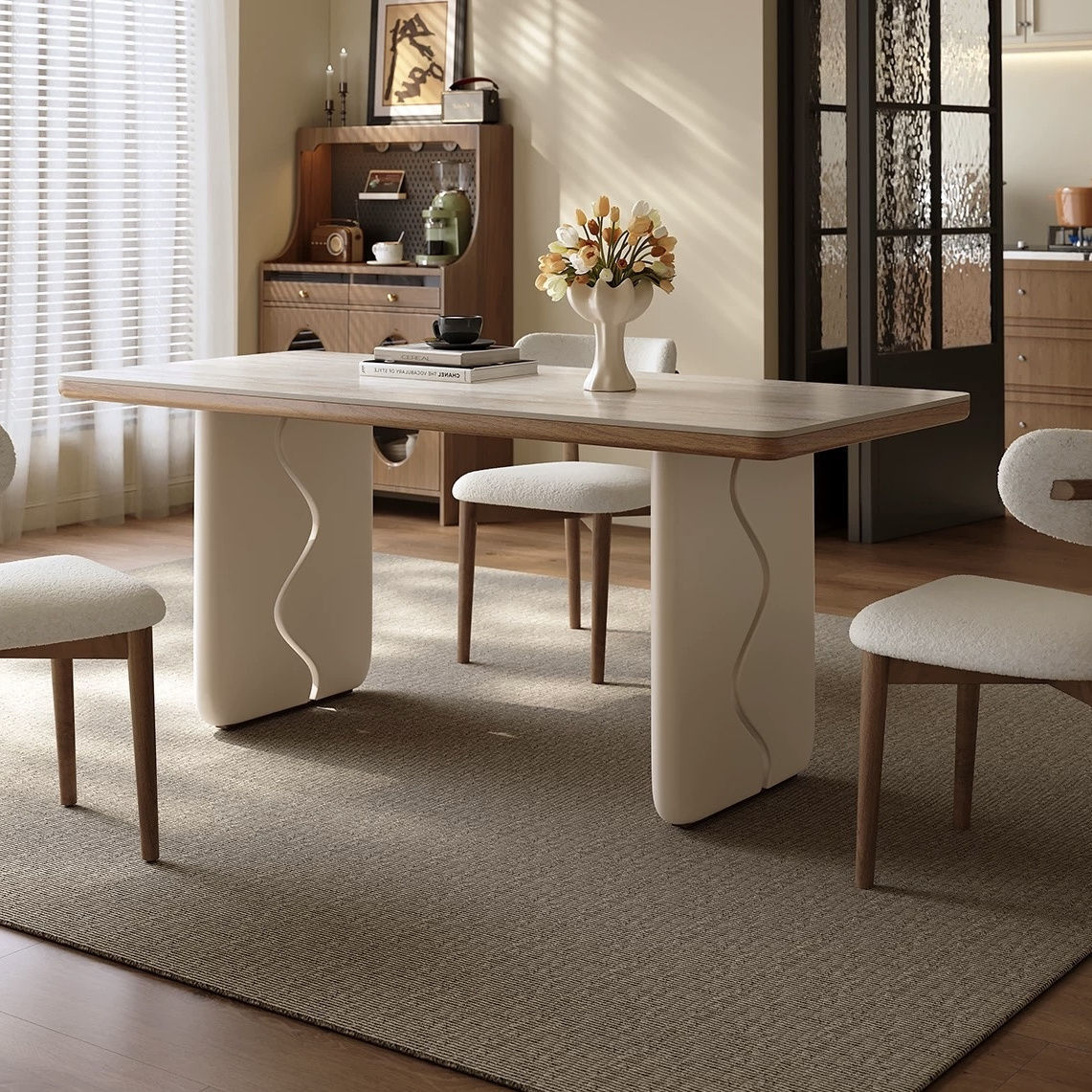 Mesa individual de madera maciza con losa de travertino