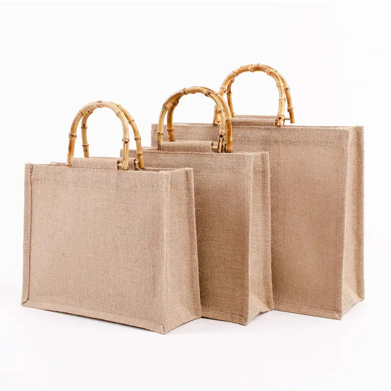 Eco Foldable 재사용할 수 있는 삼베 리넨 식료품류 쇼핑 끈달린 가방 대나무 손잡이 박판으로 만들어진 실내 황마 끈달린 가방
