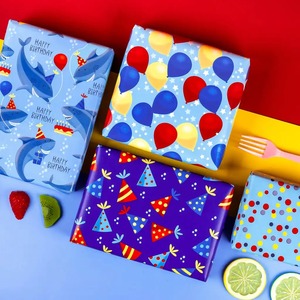 Custom Eco-Friendly Birthday Theme Gift Wrap <b>Paper</b> Roll Blue <b>Red</b> Balloons Party Hats Double Sided Coated Art <b>Paper</b> 100GSM - Product Image 4