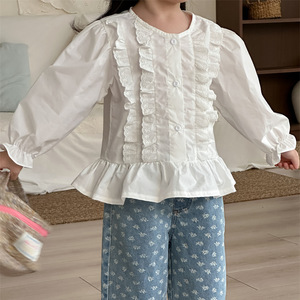 Camicetta dolce in cotone a maniche lunghe con pizzo in stile coreano per bambine, abbigliamento casual primaverile per tutti i giorni - Product Image 3