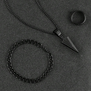 3Pcs Set Punk Hip Hop Metal Arrowhead Pendant Jewelry Set <b>Adjustable</b> Sturdy Cuban Chain <b>Ring</b> Bracelet Necklace Set - Product Image 2