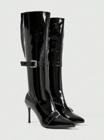 Bottes sexy en cuir verni noir pour femmes, à bout pointu, talons aiguilles, double boucle, bottes habillées tendance pour femmes