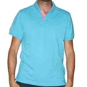Polo bleu pour homme Polo uni coupe ajustée avec patte intérieure contrastée à deux boutons - Product Image 1