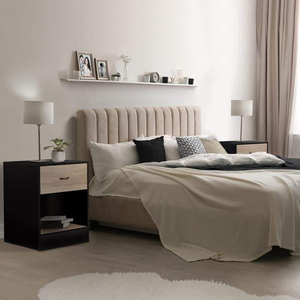 Set of 2 Modern Olga Bedroom <strong>Bedside</strong> <strong>Tables</strong> 1 Drawer Black MDF Niche <strong>Beech</strong> Effect Finish for Apartment Hotel Use Home Furniture - Product Image 2