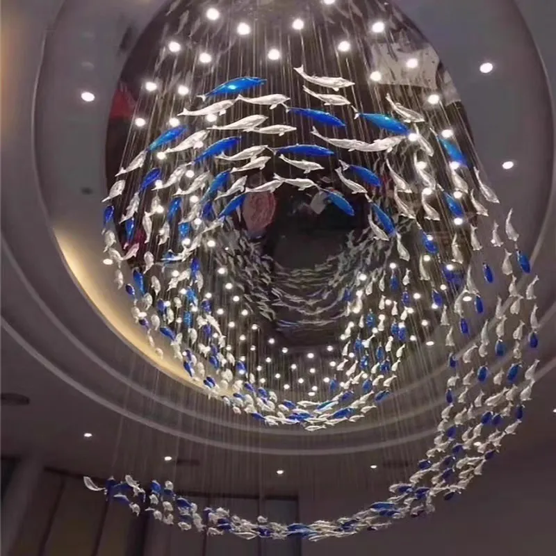 Lustre contemporain en verre personnalisé coloré en forme de poisson lumière moderne minimaliste LED décoration de restaurant suspension
