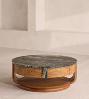 Table basse moderne personnalisable avec plateau rond en marbre vert poli, meuble de salon durable