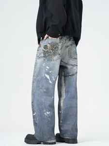 <span class=keywords><strong>Jeans</strong></span> rectos sueltos distintivos de High Street para hombres Vintage Real Shot Cutting Impresión digital Dark Denim Spring Popular - Product Image 3