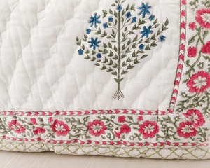 Solid Hand Block Printed Cotton <b>Quilt</b> Reversible Floral Razai Lightweight Indian Kantha Style <b>Bedding</b> Blanket - Product Image 2