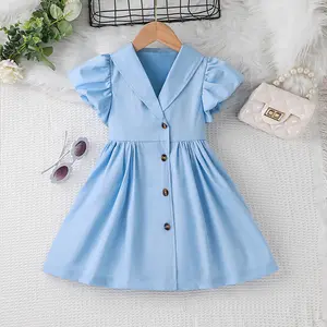 Kid Baby Girls Ăn Mặc Giản Dị Ve Áo Ngắn Tay Áo Nút Cao Eo Loe Hem Dresses May