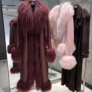 Veste longue de luxe pour femme en véritable peau de mouton avec grand col en fourrure, en cuir véritable, longueur au sol, automne - Product Image 4
