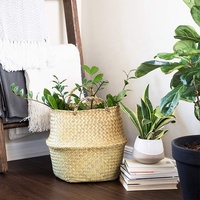 Panier de rangement pour linge tissé à la main en jacinthe d'eau et jonc de mer, naturel, pliable, avec poignée, pour plantes suspendues