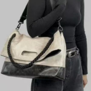 Large Capacity <b>Soft</b> Textured PU Leather Tote <b>Bag</b> Two-Tone Design with Top Handle and <b>Crossbody</b> Strap - Product Image 6