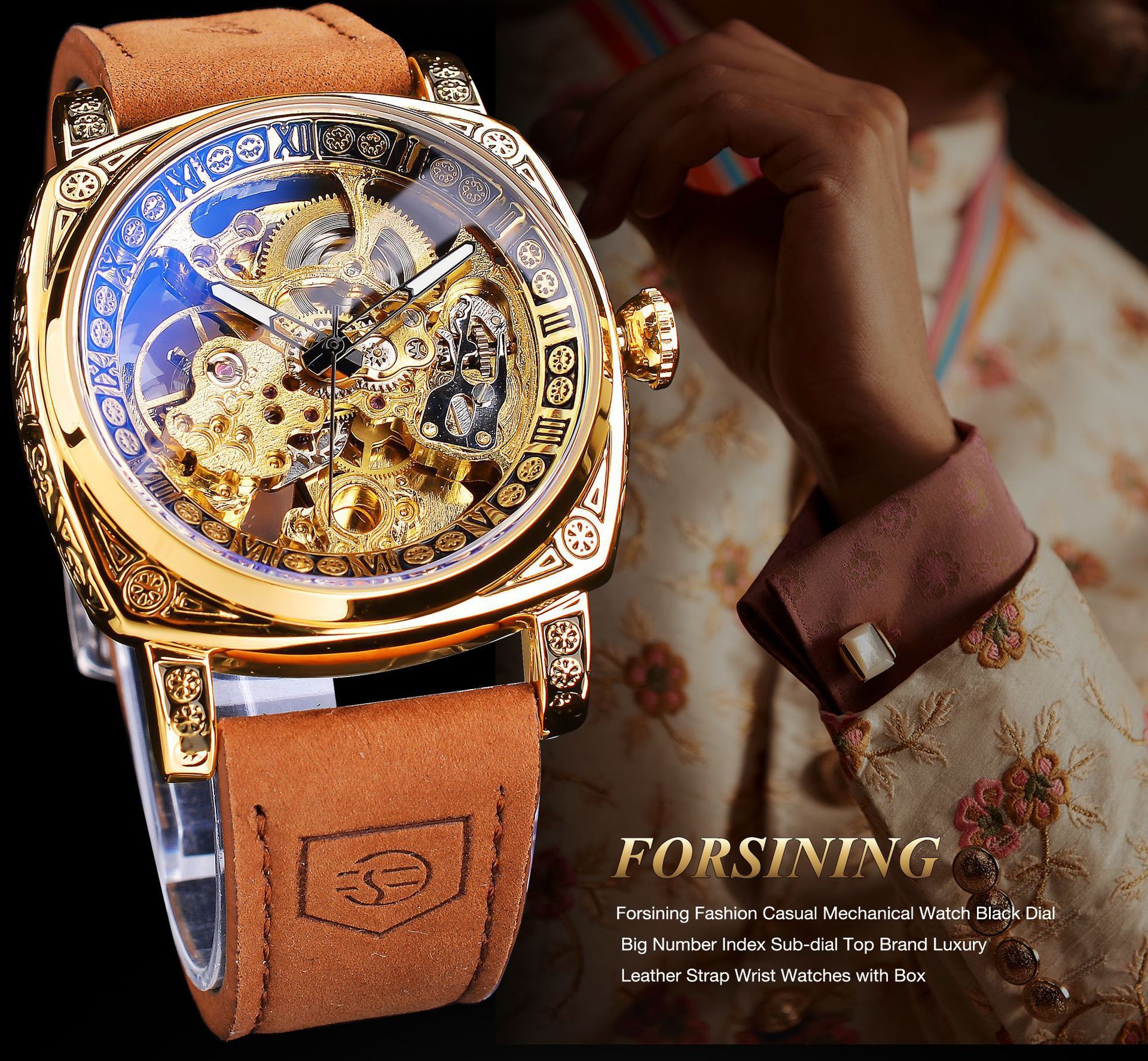 FORSINING GMT1233 高級スクエア透明スケルトン自動巻き腕時計 