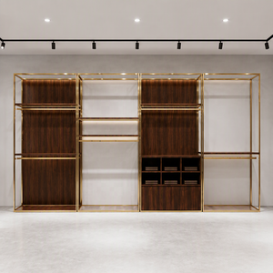 <span class=keywords><strong>Porte</strong></span>-vêtements mural en <span class=keywords><strong>bois</strong></span> grainé avec cadre doré, présentoir de vêtements avec rangement, stand de présentation pour magasin de détail commercial, présentoir métallique pour boutique - Product Image 1