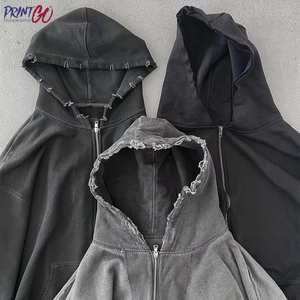 Tùy Chỉnh Thêu Axit Rửa Áo Đặt Chất Lượng Cao Cổ Điển Zip-up Áo Thun Đau Khổ Thời Trang Phố Cho Mùa Đông - Product Image 1