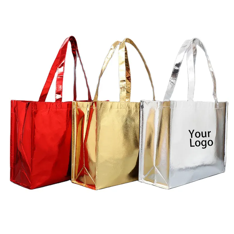 Özel Logo kullanımlık metalik laminasyon olmayan dokuma alışveriş çantası, çevre dostu lüks ayakkabı giysi ambalaj Tote çanta
