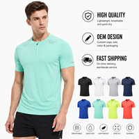 Chemises de sport pour hommes à logo OEM personnalisé, légères, anti-humidité, pour la course à pied et l'entraînement, à manches courtes, col montant, demi-zip, athlétiques