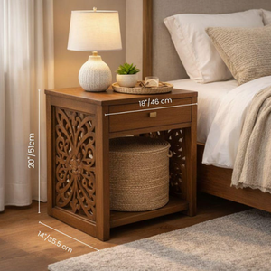 Mesita de Noche Moderna de Madera con Diseño Tallado a Mano, un Cajón de Almacenamiento, Mesa Auxiliar de Madera Maciza, Muebles Rústicos para Dormitorio, Decoración del Hogar - Product Image 1