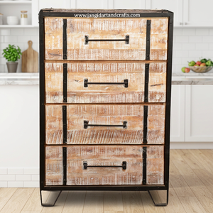 Mesa de Almacenamiento Vintage Industrial de Madera de Mango con 4 Cajones, Patas Metálicas y Tiradores, Mueble para Sala de Estar, Artesanía Jangid, Hogar Rajasthan - Product Image 6