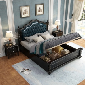 Luxury Dark Blue Tufted Modern Soft <b>Bed</b> Full Size Leather Upholstery Oak Wood <b>Frame</b> for Bedroom Furniture - Product Image 4