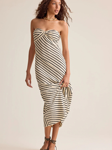 Robe midi en maille rayée sans bretelles avec détail cache-cœur et liens, coupe moulante, ourlet asymétrique, idéale pour les soirées estivales - Product Image 1