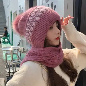 Ear Protection Windproof Cap Scarf Set Beanie Winter Hat Scarf All In 1 Beanie Hats With Pompom