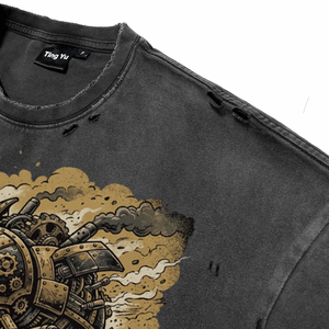 Camisetas de algodón transpirables de manga corta oversize para hombre con estampado de letras y diseño de escarabajo mecánico punk, estilo vintage con lavado ácido. - Product Image 6