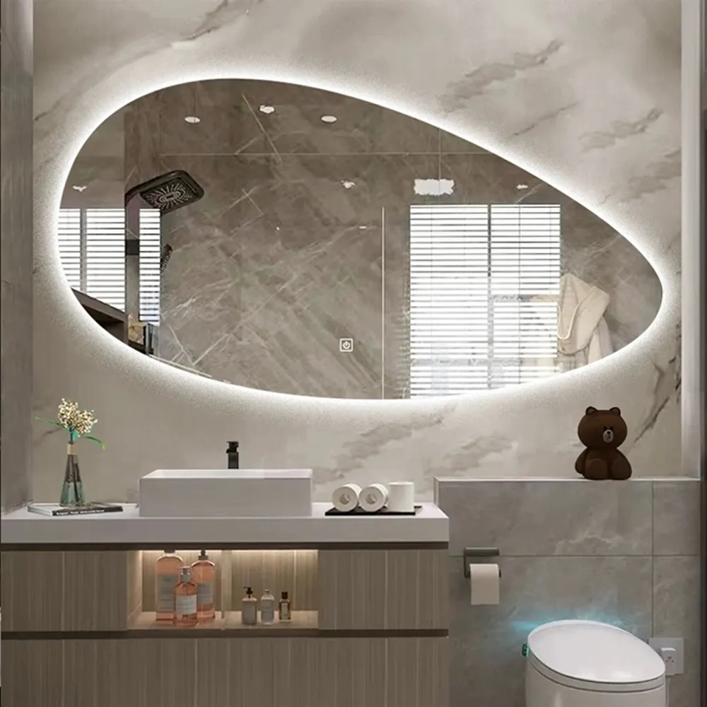 Cermin berbentuk khusus kamar mandi antikabut cermin pintar dinding pintar cermin rias lampu latar Led terpasang dengan lampu Bluetooth