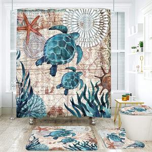 Set da bagno 3D Set <span class=keywords><strong>tenda</strong></span> da doccia 4 pz classica tartaruga impermeabile divisorio antiscivolo assorbente tappetino - Product Image 1