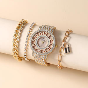 Mode Hip Hop glacé Bracelet à maillons cubain grand cadran montre-Bracelet en acier montre à Quartz et Bracelet ensemble cadeau pour femmes - Product Image 5