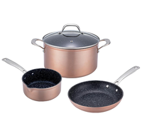 Ensemble de 3 casseroles en granit rose doré antiadhésives, en aluminium, avec couvercles en verre et fond à induction