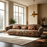 Ensemble de canapés incurvés et arrondis, style bohème, motif géométrique ethnique, tissu rembourré, coussins assortis, style loft, canapé spacieux pour salon