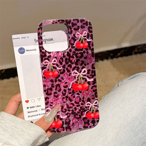 Glitter Leopard Bow Cherry Mobile Phone case for iPhone 17 16 15 14 13 Pro Max charms Love IMD Chain pink PC back <b>Cover</b> New - Product Image 5