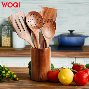 أواني طبخ خشبية من خشب الساج 8 عالية الجودة بتصميم حديث تحتوي على ملعقة طويلة ملعقة قهوة بجوز الهند - Product Image 5