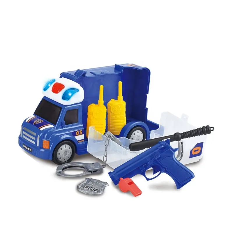 गर्म बेच 7pcs भूमिका नाटक खेलने के लिए बच्चों पूर्वस्कूली उपकरण खिलौना सेट के साथ रोशनी ध्वनि बंदूक और कार