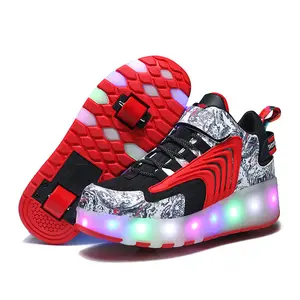 Çocuk erkek yetişkin çift silindir kayak ayakkabıları nefes örgü kayak ayakkabıları PU LED ışık yayan ayakkabı