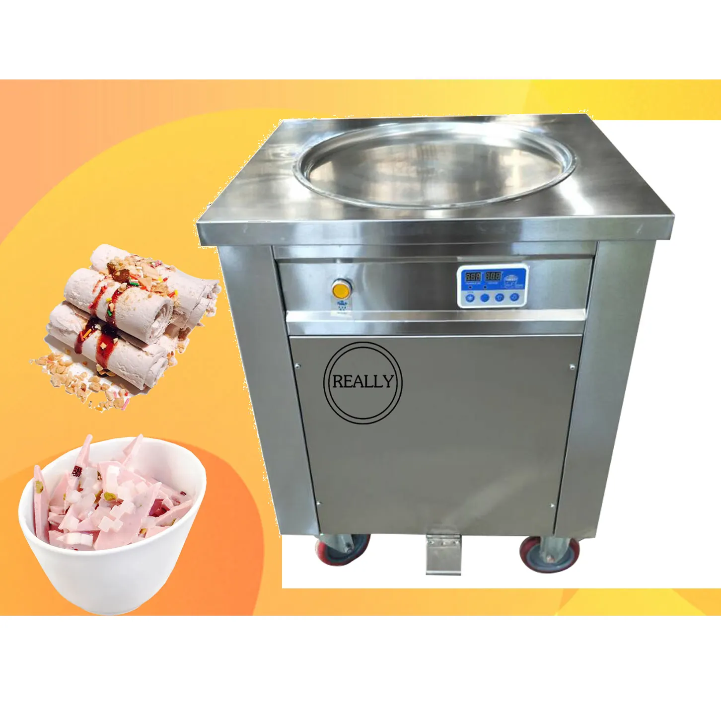 Sıcak satış otomatik kızarmış dondurma makinesi anında tek Mini meyve yuvarlak tava rulo makinesi