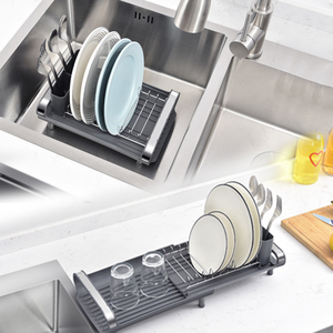 WIREKING 11inch-19.5inch Adjustable Length Metal Dish Rack Dish Kitchen Sink Organizer Dish Drying Rack with Removable Cutlery